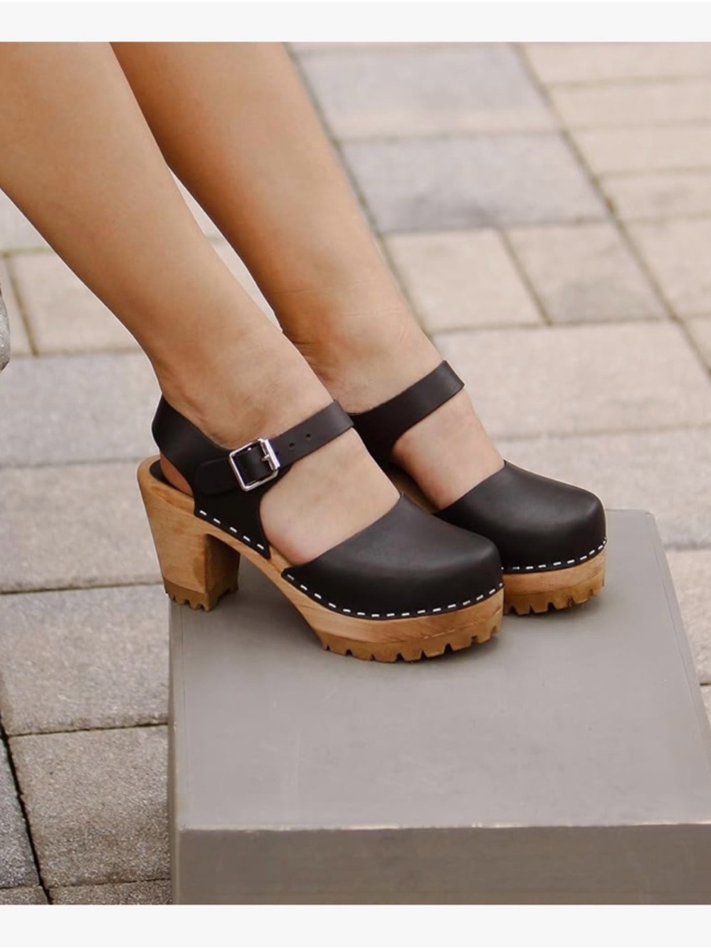 MIA Black Leather Clog Sandals with Wood Block Heel - Picture 7 of 10